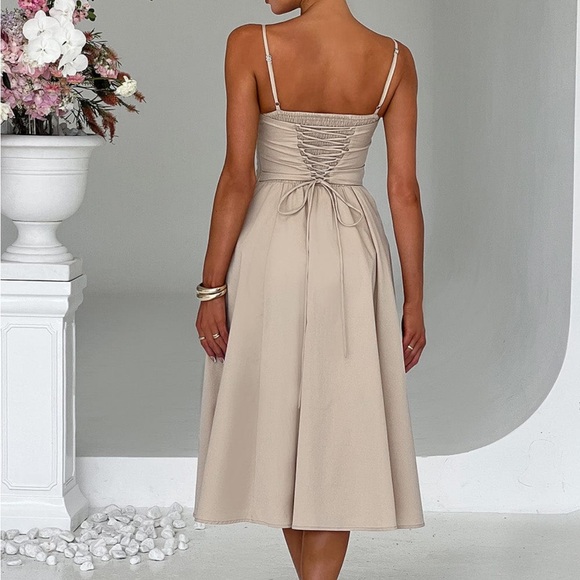 Chic Beige Midi Dress with Spaghetti Straps - Picture 2 of 6